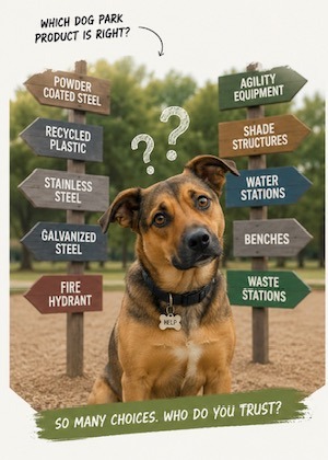 A dog surrounded by signs for many different dog park products, with the caption: so many choices, who do you trust?
